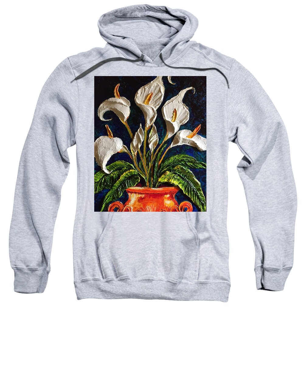 White Sweatshirt featuring the painting White Calla Lilies by Paris Wyatt Llanso