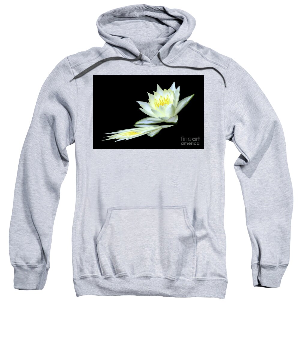 Water Lily; Water Lilies; Lily; Lilies; Flowers; Flower; Floral; Flora; White; Yellow; Black; Reflection; Digital Art; Photography; Painting; Simple; Decorative; Décor; Macro; Close-up Sweatshirt featuring the photograph White Lily Reflection by Tina Uihlein