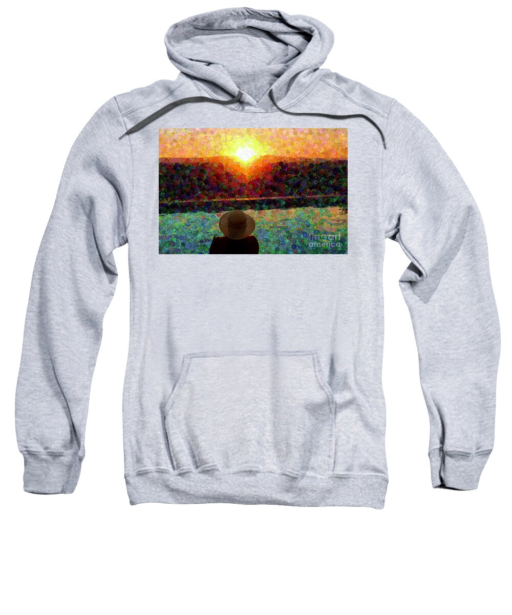 Woman Sweatshirt featuring the photograph Woman in Hat Watching the Sunset by Katherine Erickson