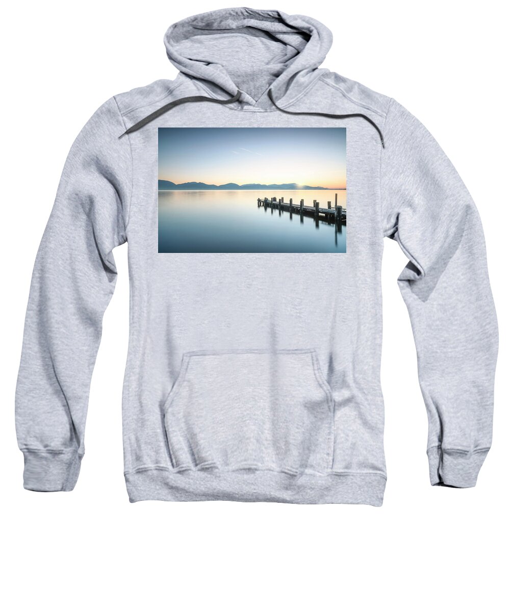 Lake Sweatshirt featuring the photograph Wooden pier at sunrise by Stefano Orazzini