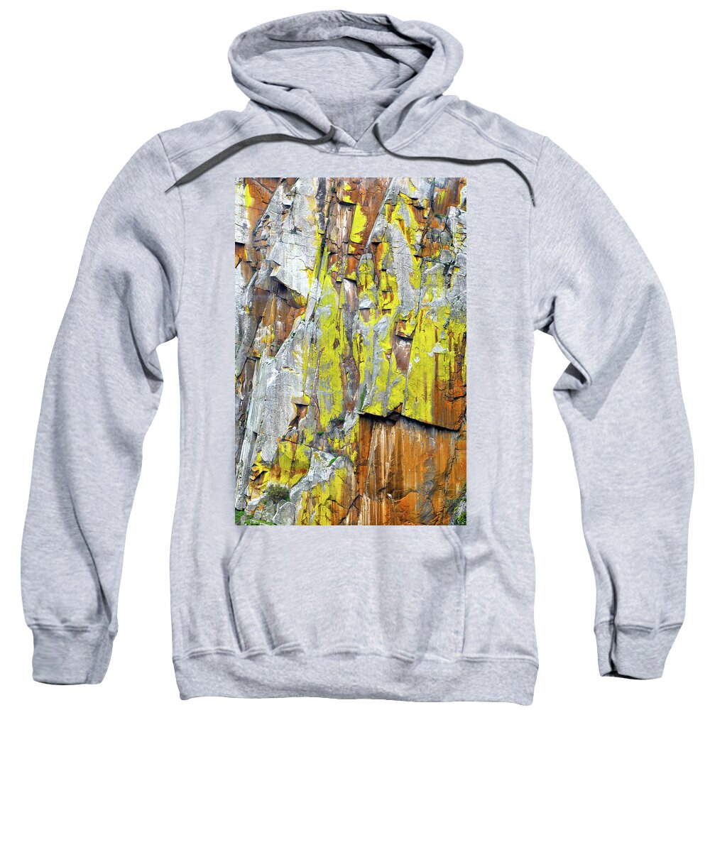 Lichen Sweatshirt featuring the mixed media Yellow lichen on a rock face by Lorena Cassady