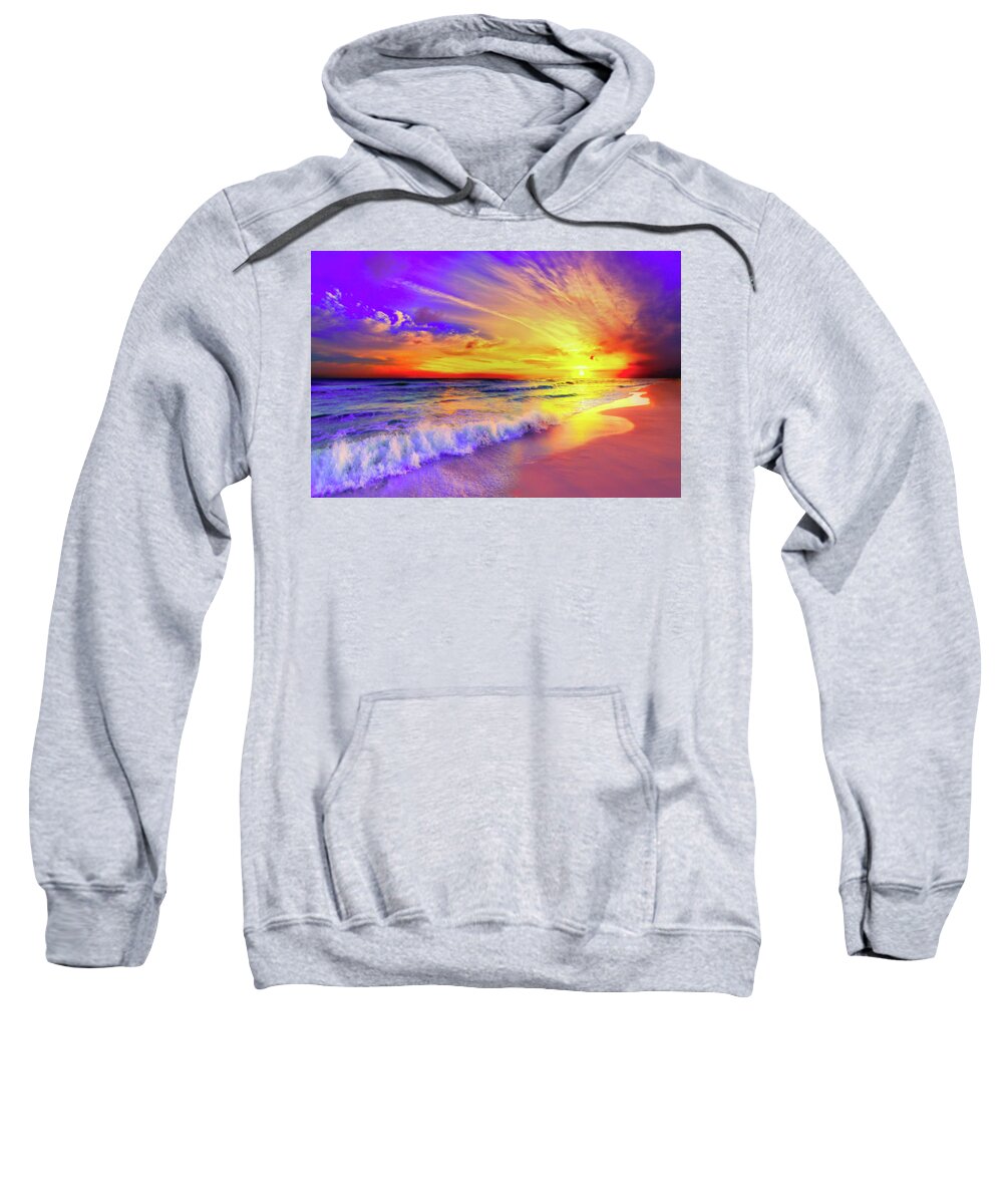 Art Sweatshirt featuring the photograph Yellow Windswept Clouds Blue Ocean Wave Beach Sunset by Eszra Tanner