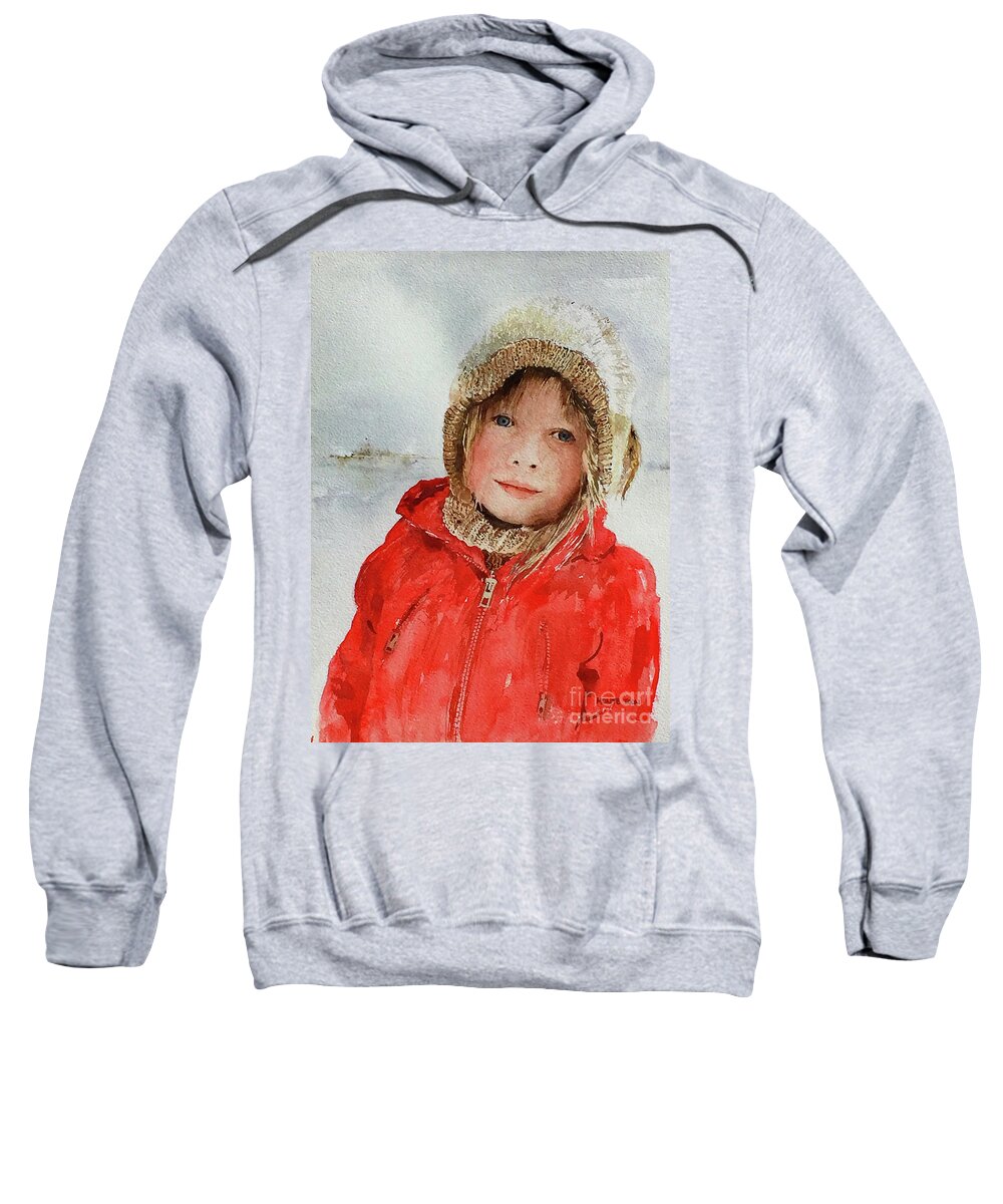 A Young Girl In A Bright Red Coat Plays In The Winter Snow. Sweatshirt featuring the painting Zoe In The Snow by Monte Toon