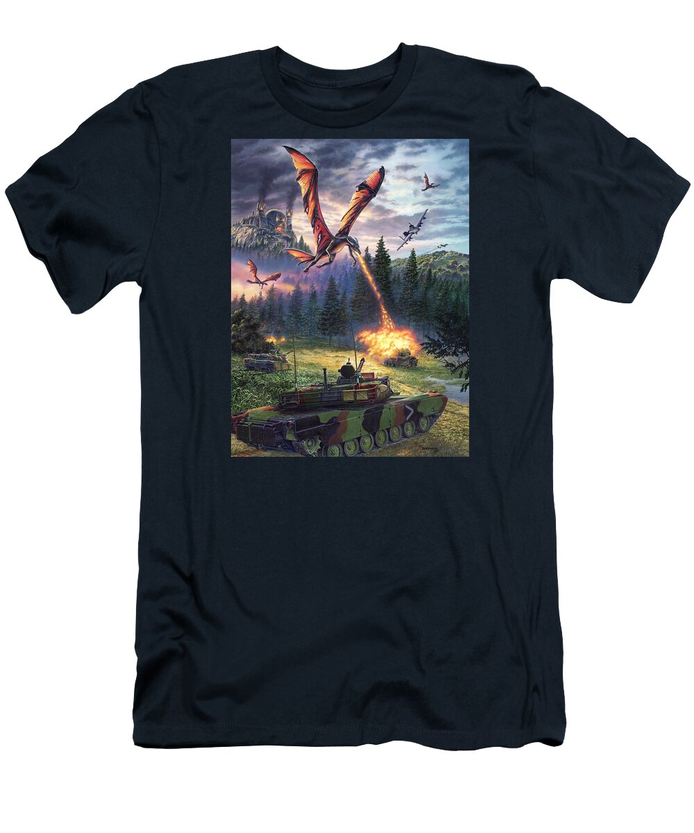 Dragon T-Shirt featuring the painting A Clash Of Worlds by Stu Shepherd