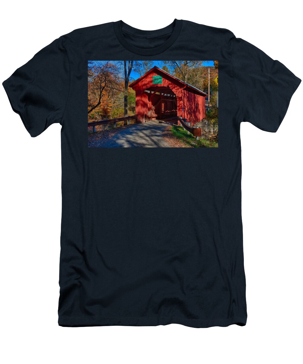 Autumn Foliage New England T-Shirt featuring the photograph Afternoon Sun On Covered Bridge by Jeff Folger