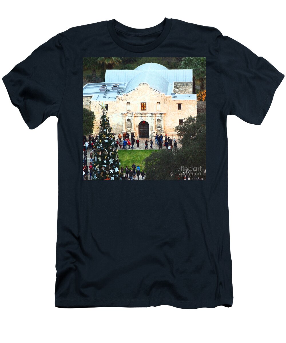Alamo T-Shirt featuring the digital art Alamo Entrance High Angle View at Christmas in San Antonio Texas Square Format Film Grain Digital Ar by Shawn O'Brien