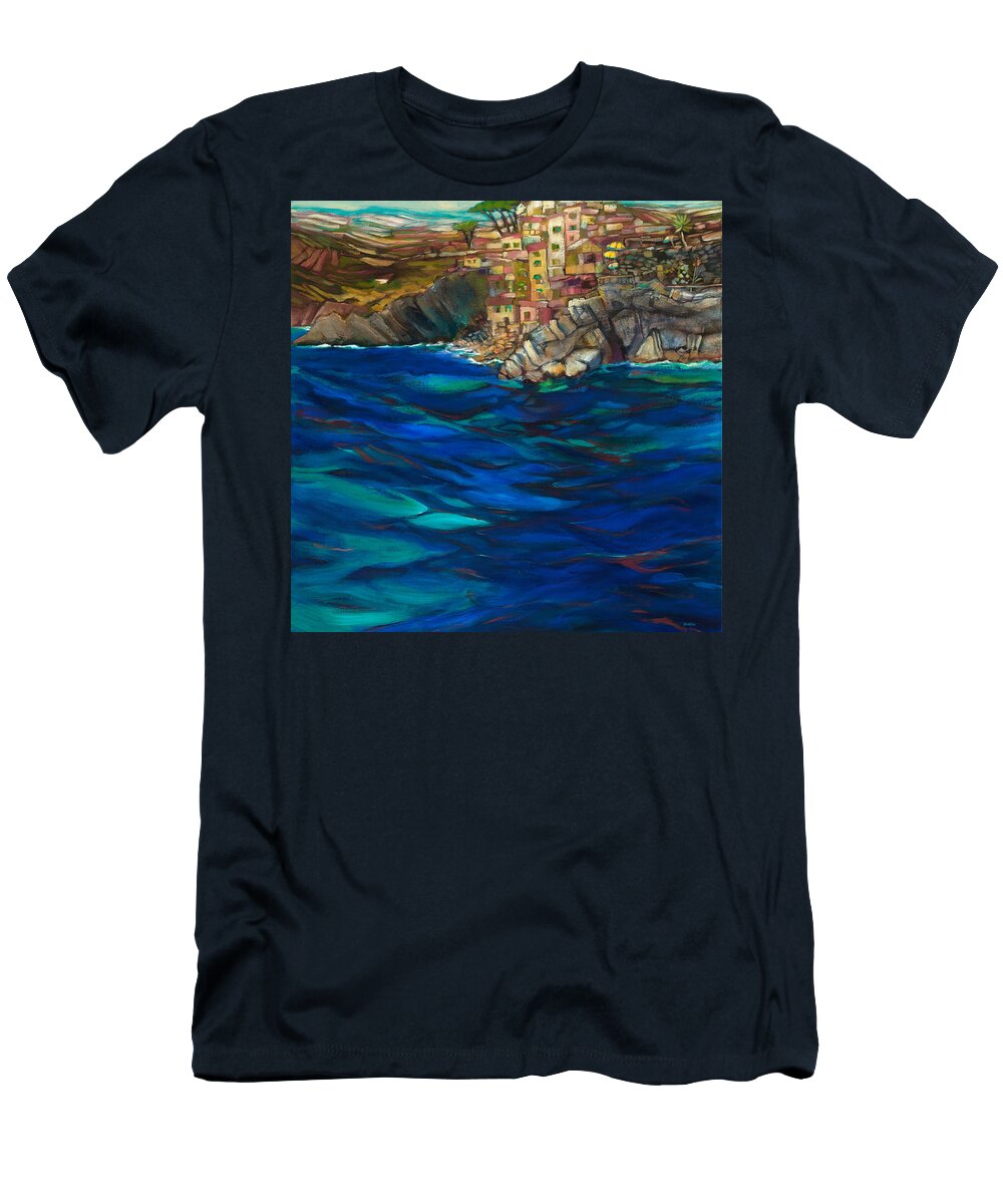Jen Norton T-Shirt featuring the painting Approach to Riomaggiore by Jen Norton