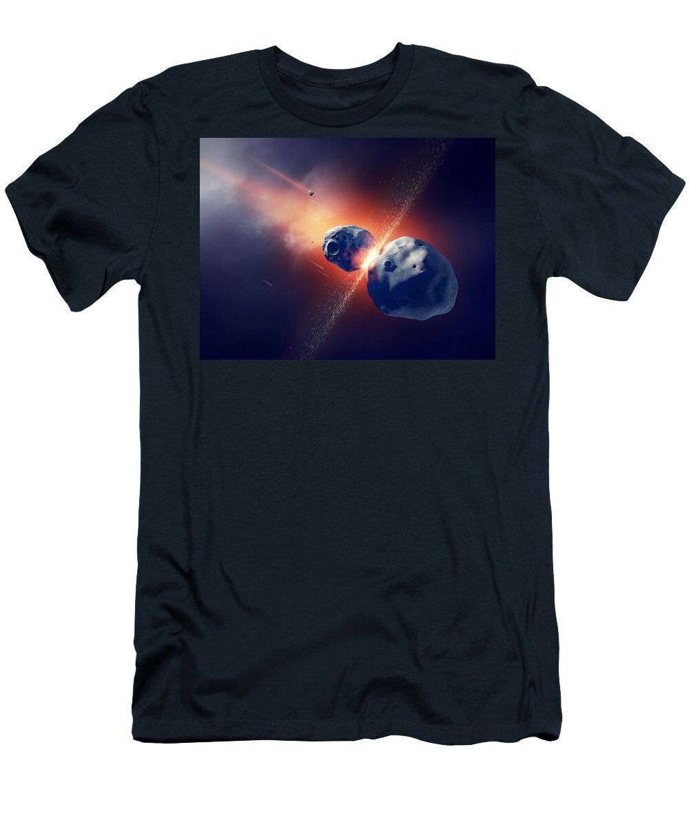 Asteroid T-Shirt featuring the photograph Asteroids collide and explode in space by Johan Swanepoel
