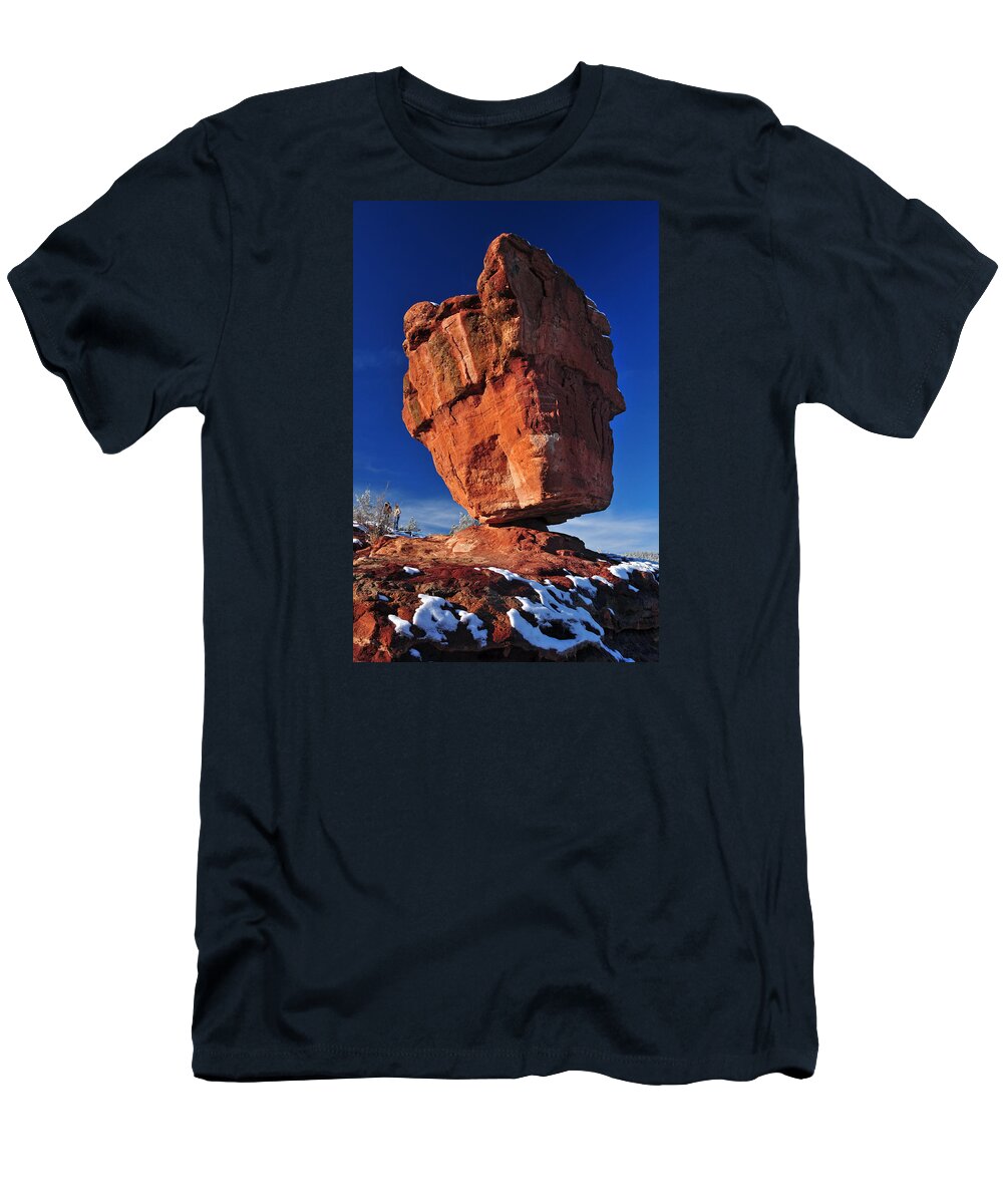 Colorado Springs T-Shirt featuring the photograph Balanced Rock at Garden of the Gods with Snow by John Hoffman