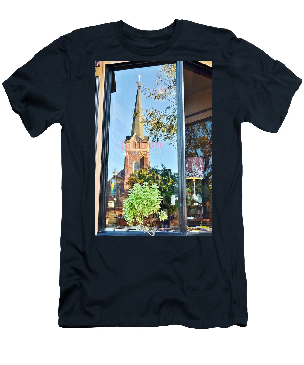 Biblion T-Shirt featuring the photograph Biblion Used Books Reflections 3 - Lewes Delaware by Kim Bemis