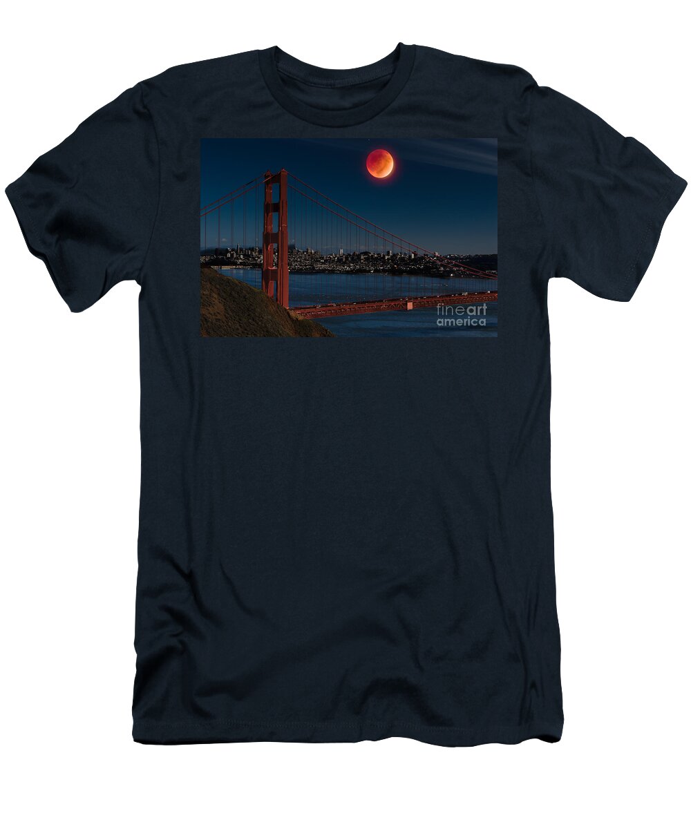 Bridge T-Shirt featuring the photograph Blood Moon Over Golden Gate Bridge by Dan Hartford