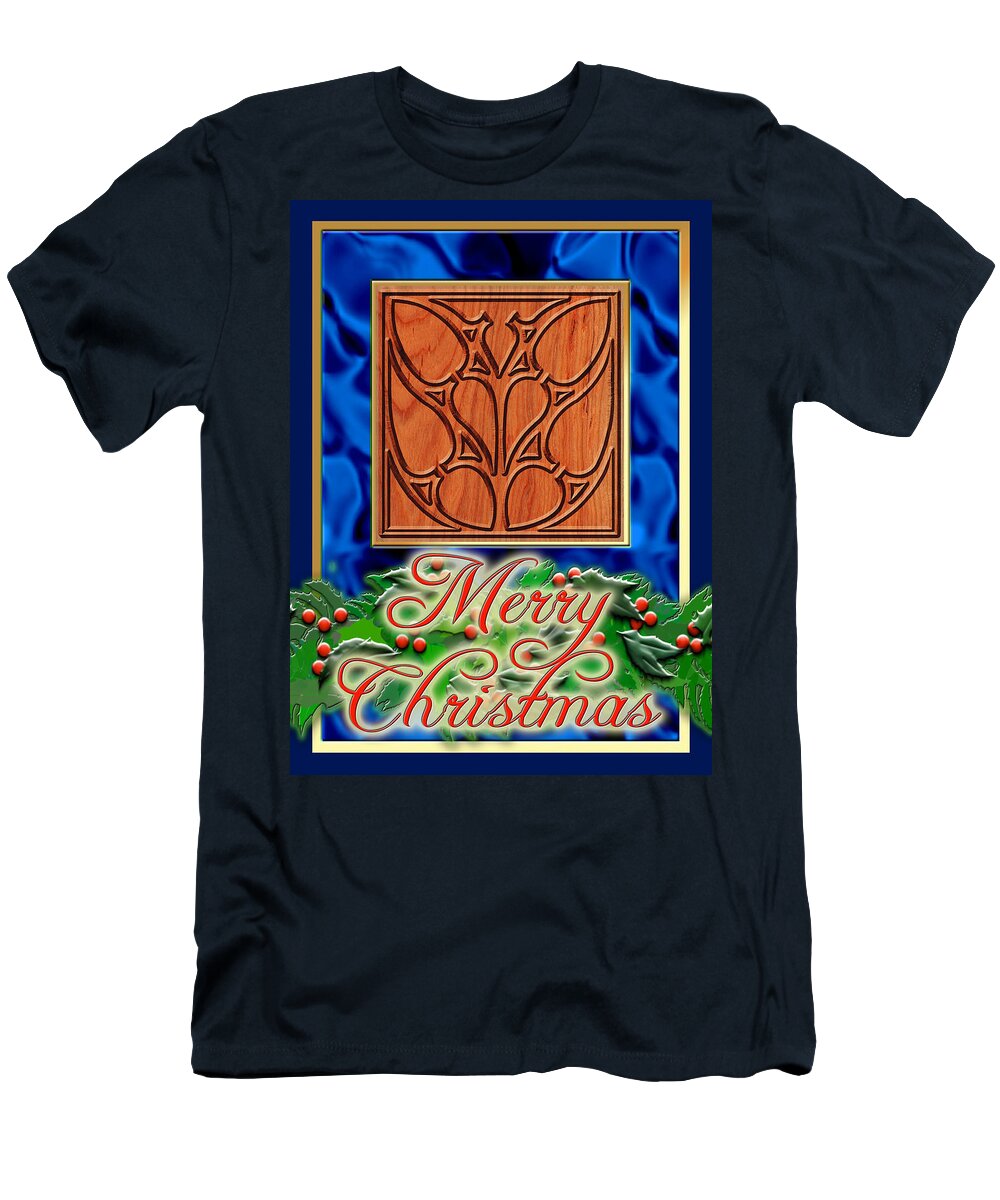 Christmas T-Shirt featuring the digital art Blue Satin Merry Christmas by Melissa A Benson