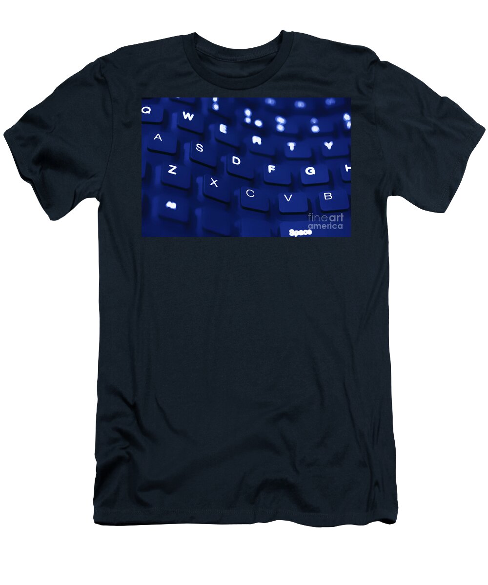 Key T-Shirt featuring the photograph Blue warped keyboard close up by Simon Bratt