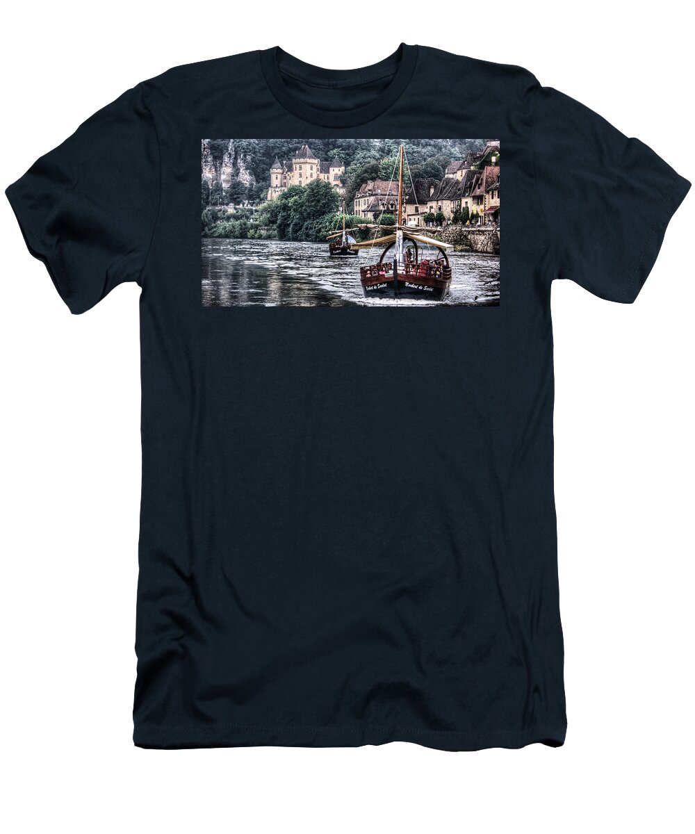 France T-Shirt featuring the photograph Boats sailing the Dordogne river in La Roque Gageac by Weston Westmoreland