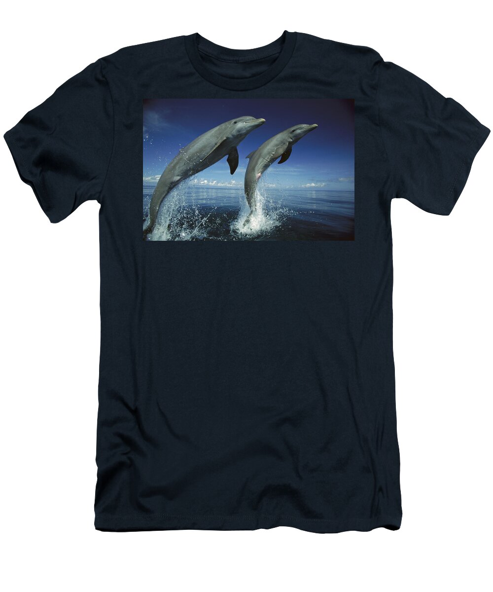 Feb0514 T-Shirt featuring the photograph Bottlenose Dolphin Pair Leaping Honduras by Konrad Wothe