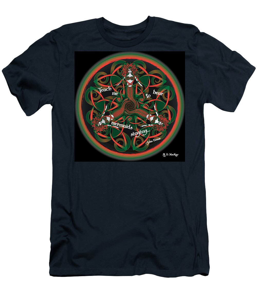 Celtic Art T-Shirt featuring the digital art Celtic Mermaid Mandala in Orange and Green by Celtic Artist Angela Dawn MacKay