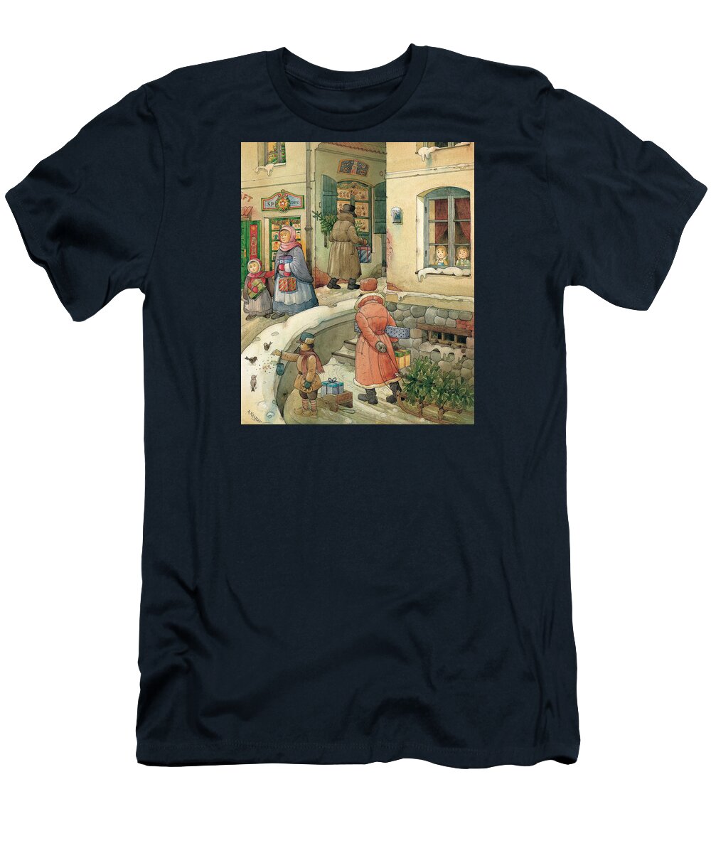 Christmas Greeting Cards Season Winter Snow Holiday T-Shirt featuring the painting Christmas in the Town by Kestutis Kasparavicius