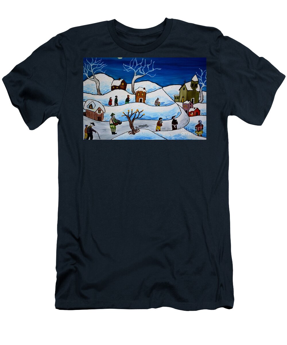 Loredana Messina T-Shirt featuring the painting Christmas night by Loredana Messina