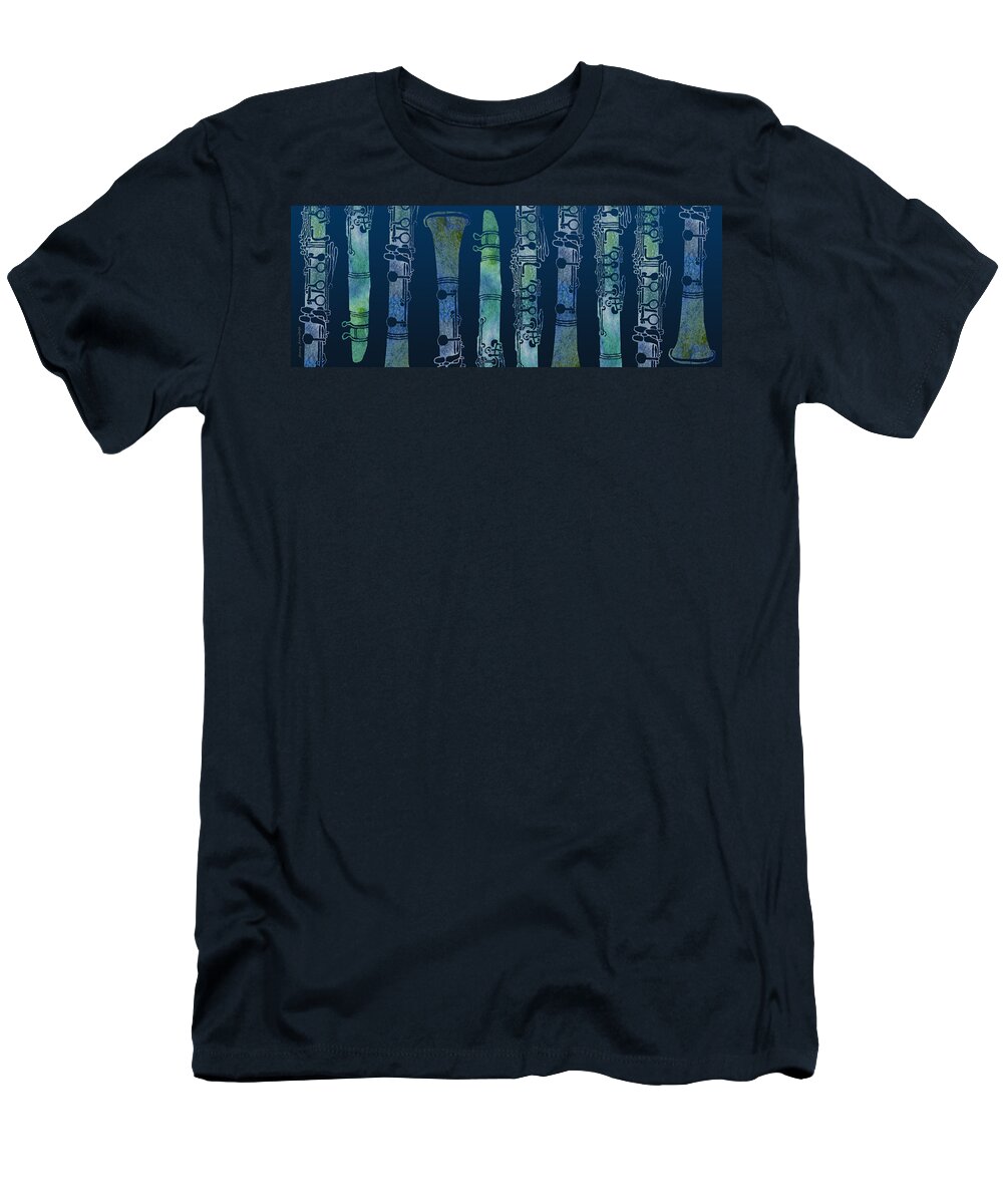 A Watercolor Collage Of Clarinet Pieces. T-Shirt featuring the mixed media Clarinet Blues by Jenny Armitage