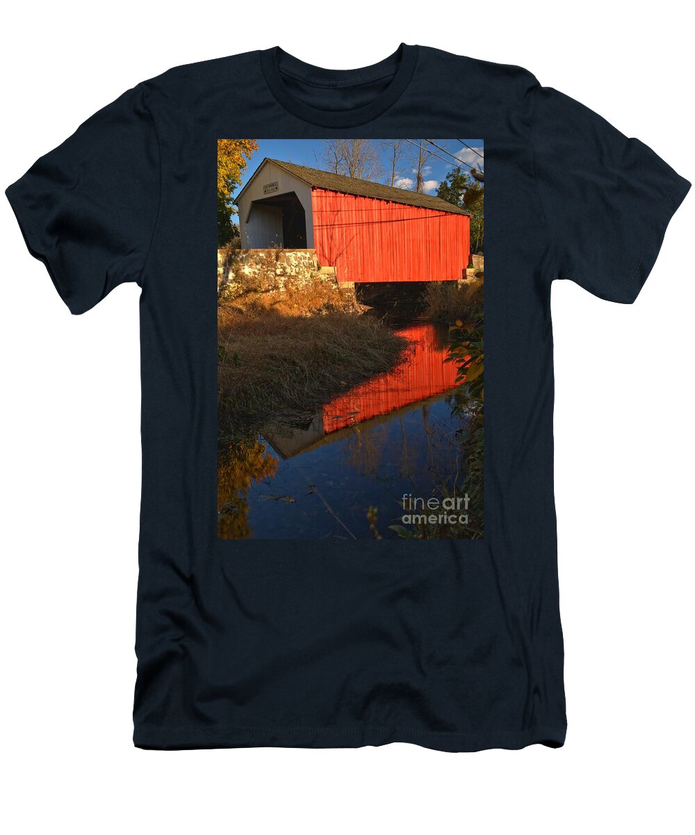 Erwinna T-Shirt featuring the photograph Deep Blue reflections At Erwinna Covered Bridge by Adam Jewell