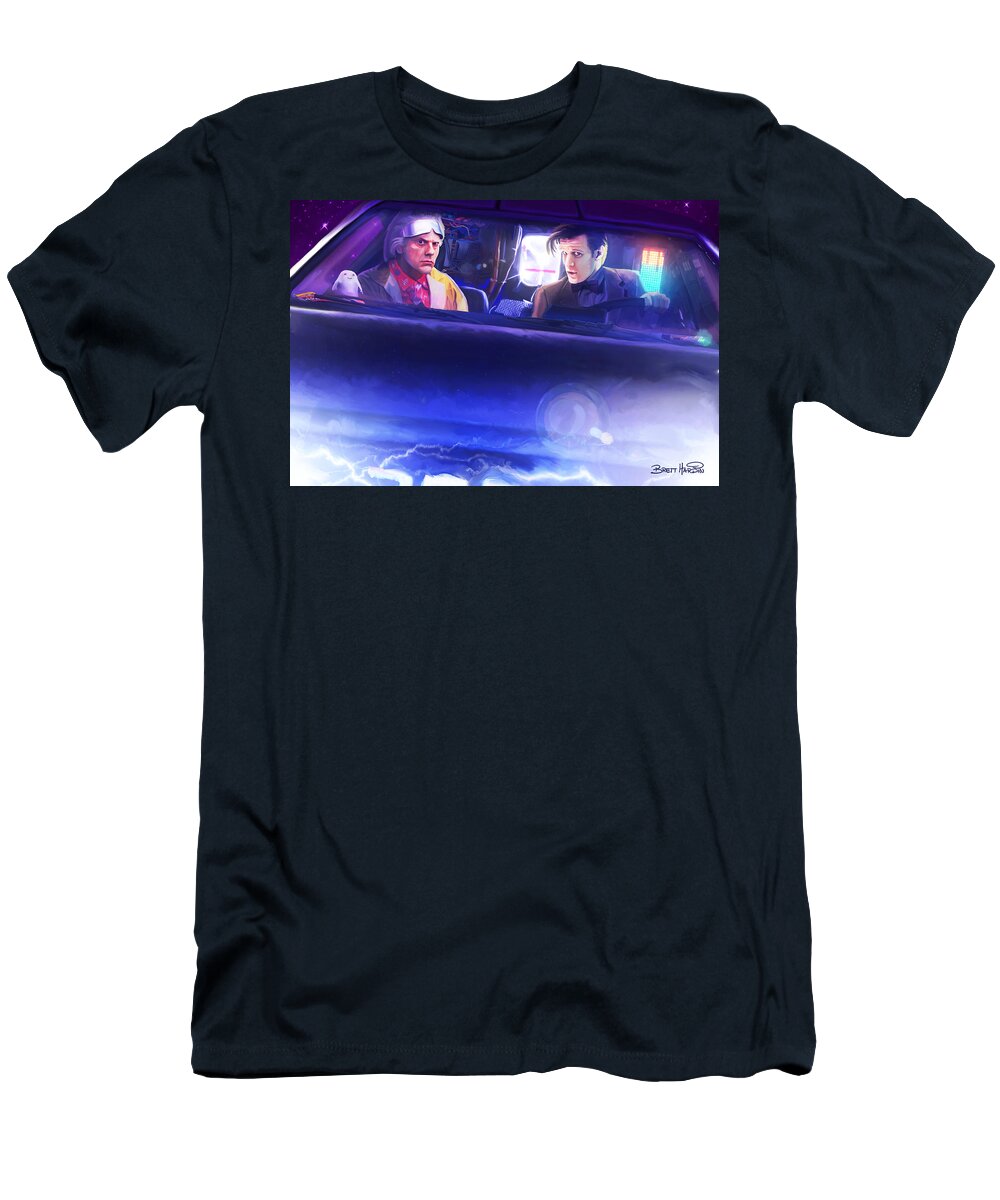 Back The The Future T-Shirt featuring the painting Doc Doctor and the Delorian by Brett Hardin