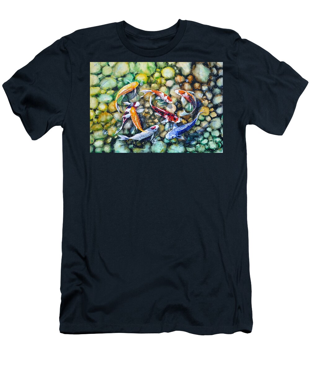 Koi T-Shirt featuring the painting Eight Koi Fish Playing with Bubbles by Zaira Dzhaubaeva
