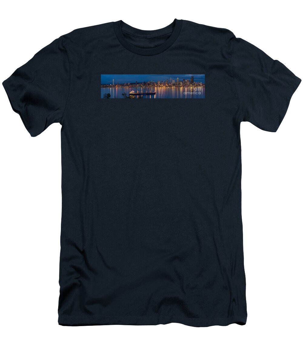 Seattle T-Shirt featuring the photograph Elliott Bay Seattle Skyline Night Reflections by Mike Reid