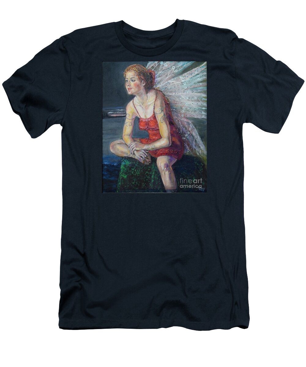 Raija Merila T-Shirt featuring the painting Fairy on a Stone by Raija Merila