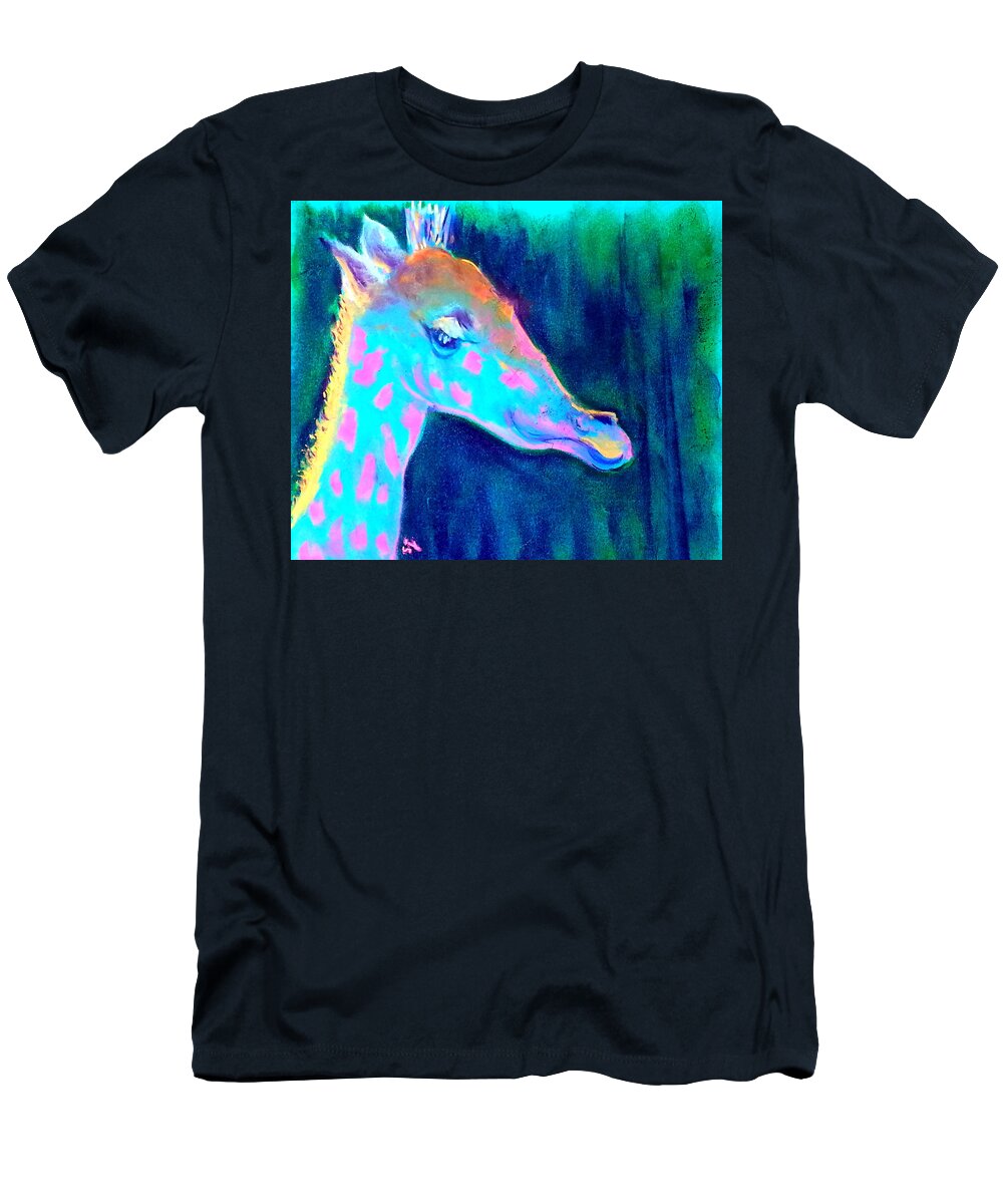 Animals T-Shirt featuring the painting Funky Blue Giraffe Smile by Sue Jacobi