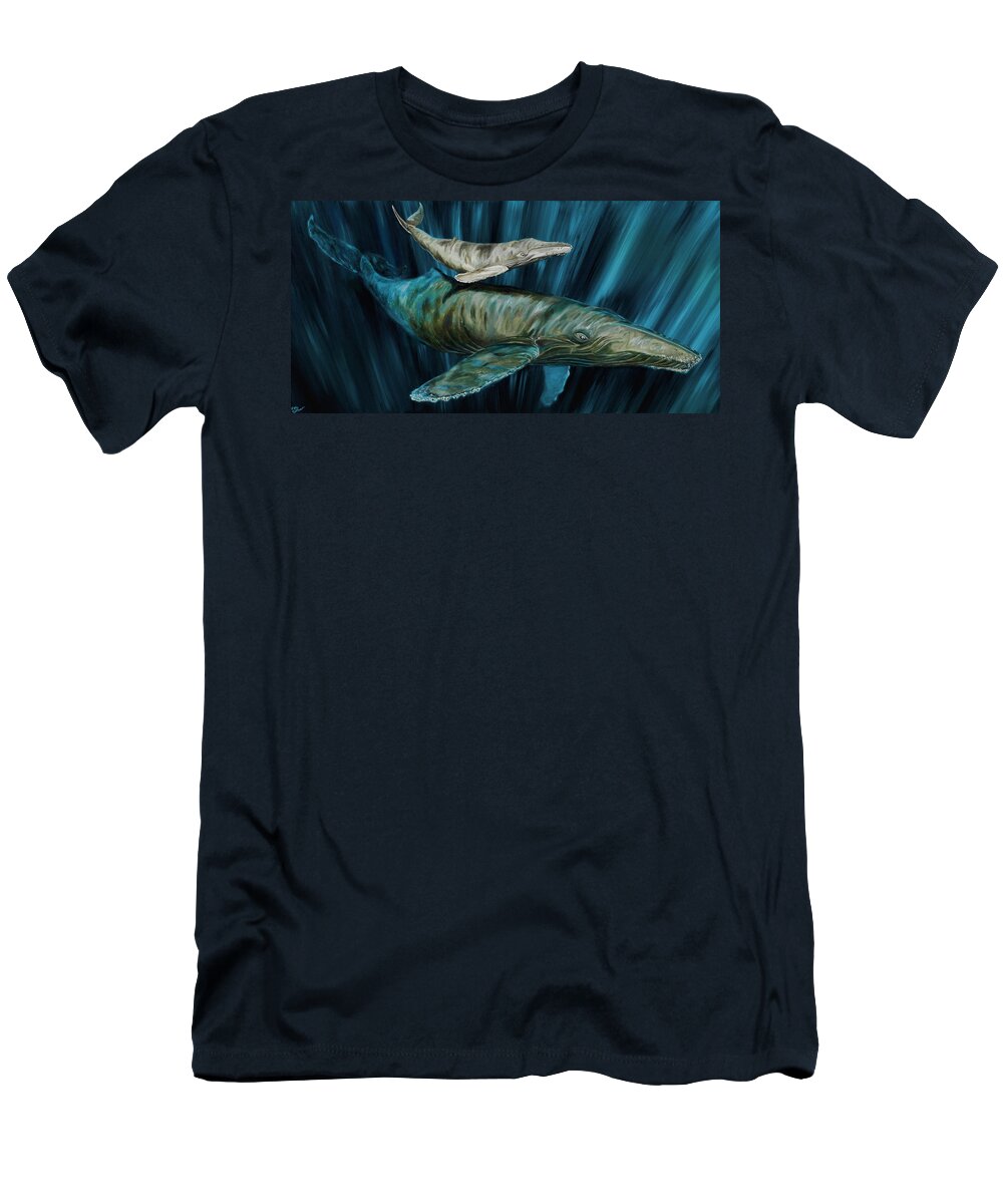 Whales T-Shirt featuring the painting Graywhale Momma and calf by Steve Ozment