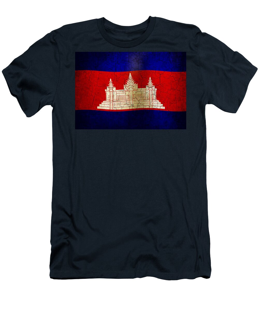 Aged T-Shirt featuring the digital art Grunge Cambodia flag by Steve Ball