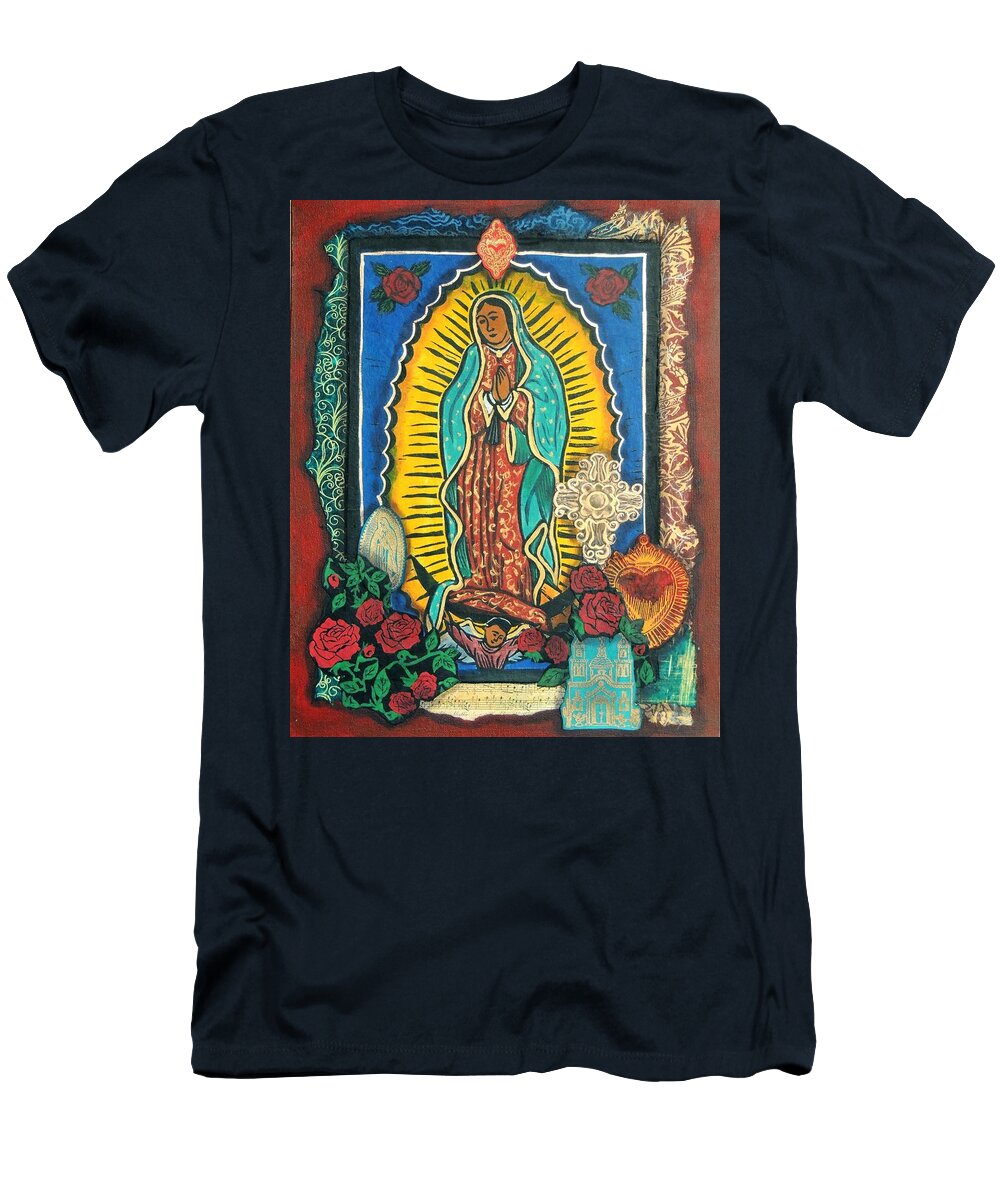 Collage T-Shirt featuring the mixed media Guadalupe Collage in Red by Candy Mayer