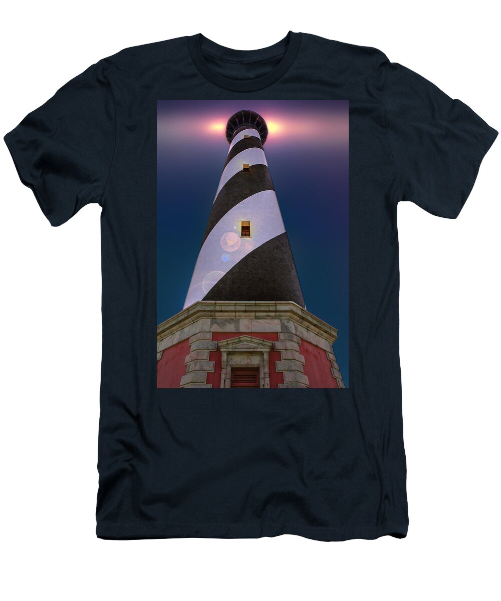 Cape Hatteras Light Station T-Shirt featuring the digital art Hatteras Lighthouse at Night by Mary Almond