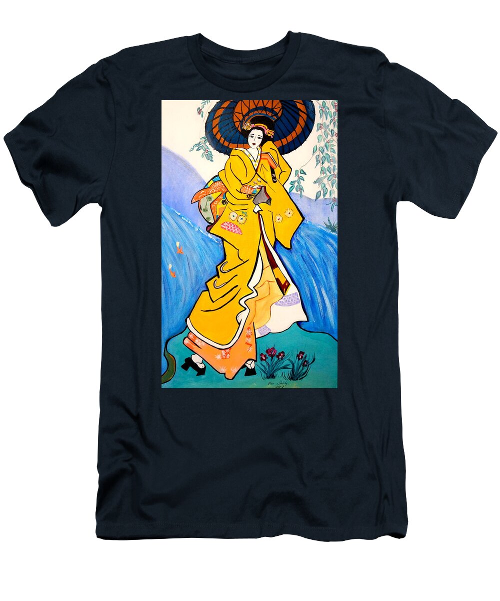 Japanese Girl In Rain T-Shirt featuring the painting Japanese Girl In Rain by Nora Shepley