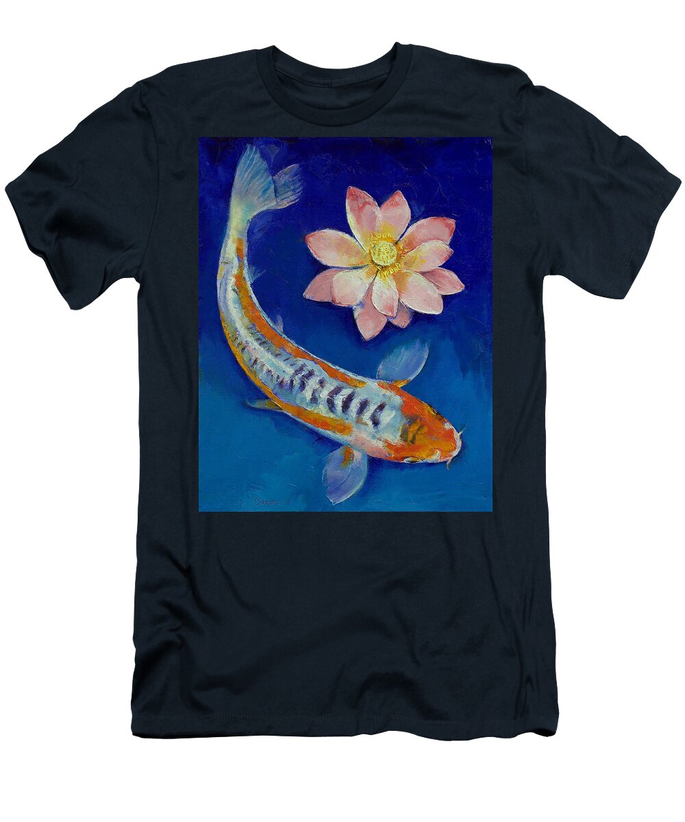 Lotus T-Shirt featuring the painting Koi Fish and Lotus by Michael Creese