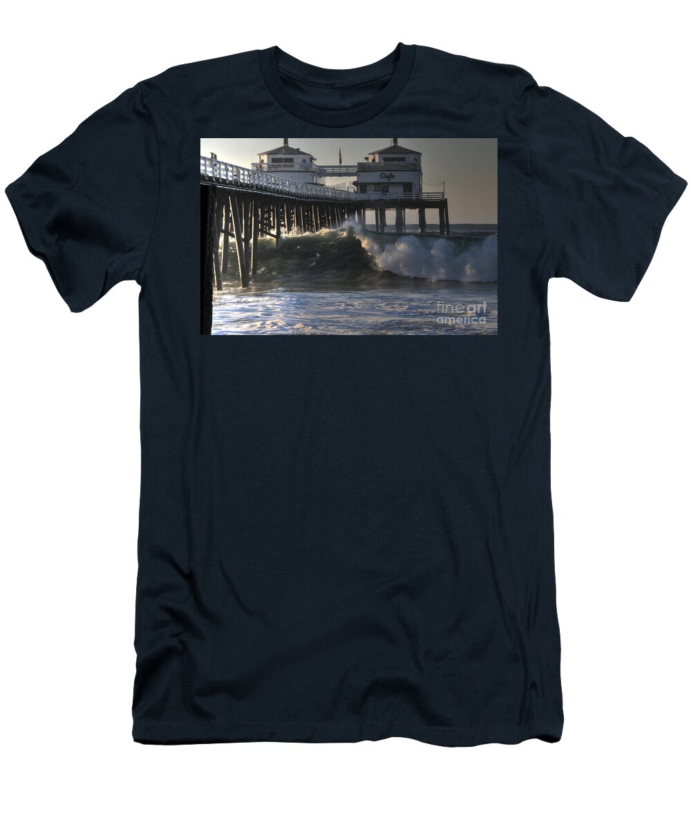 Malibu T-Shirt featuring the photograph Large Wave at Malibu Pier by Richard Omura