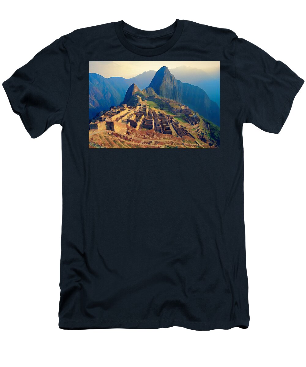 America T-Shirt featuring the painting Machu Picchu Late Afternoon Sunset by Elaine Plesser