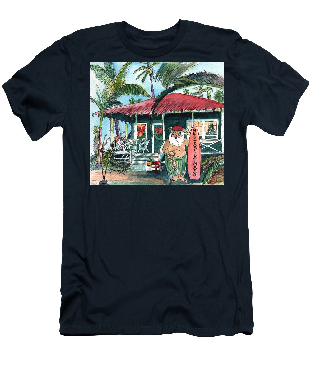 Hawaiian Santa T-Shirt featuring the painting Mele Kalikimaka Hawaiian Santa by Marionette Taboniar