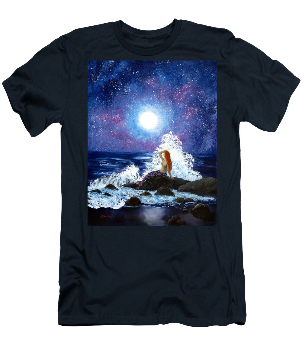Mermaid T-Shirt featuring the painting Mermaid Moonbathing by Laura Iverson