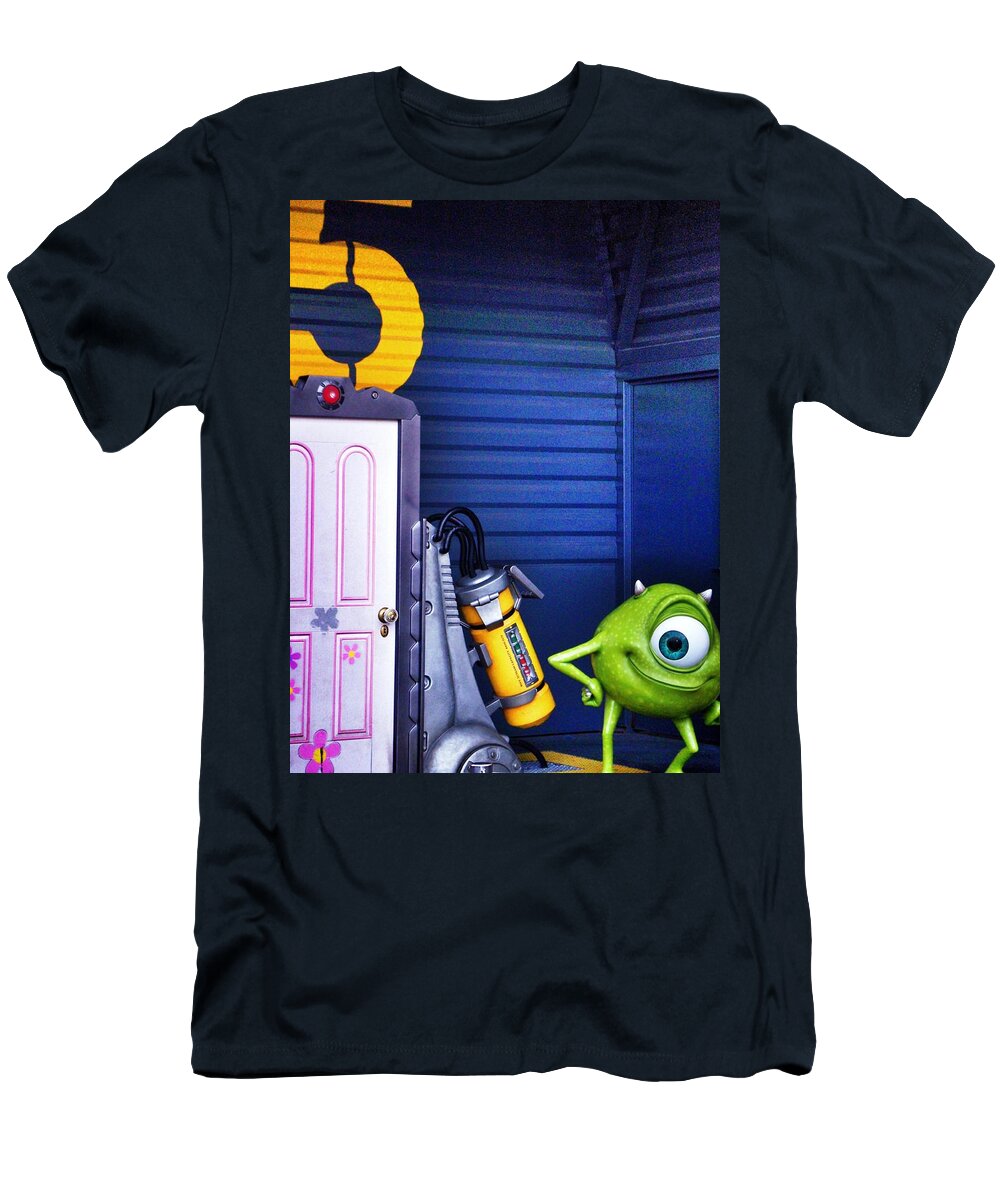 Disneyland T-Shirt featuring the photograph Mike with Boo's Door - Monsters Inc. in Disneyland Paris by Marianna Mills