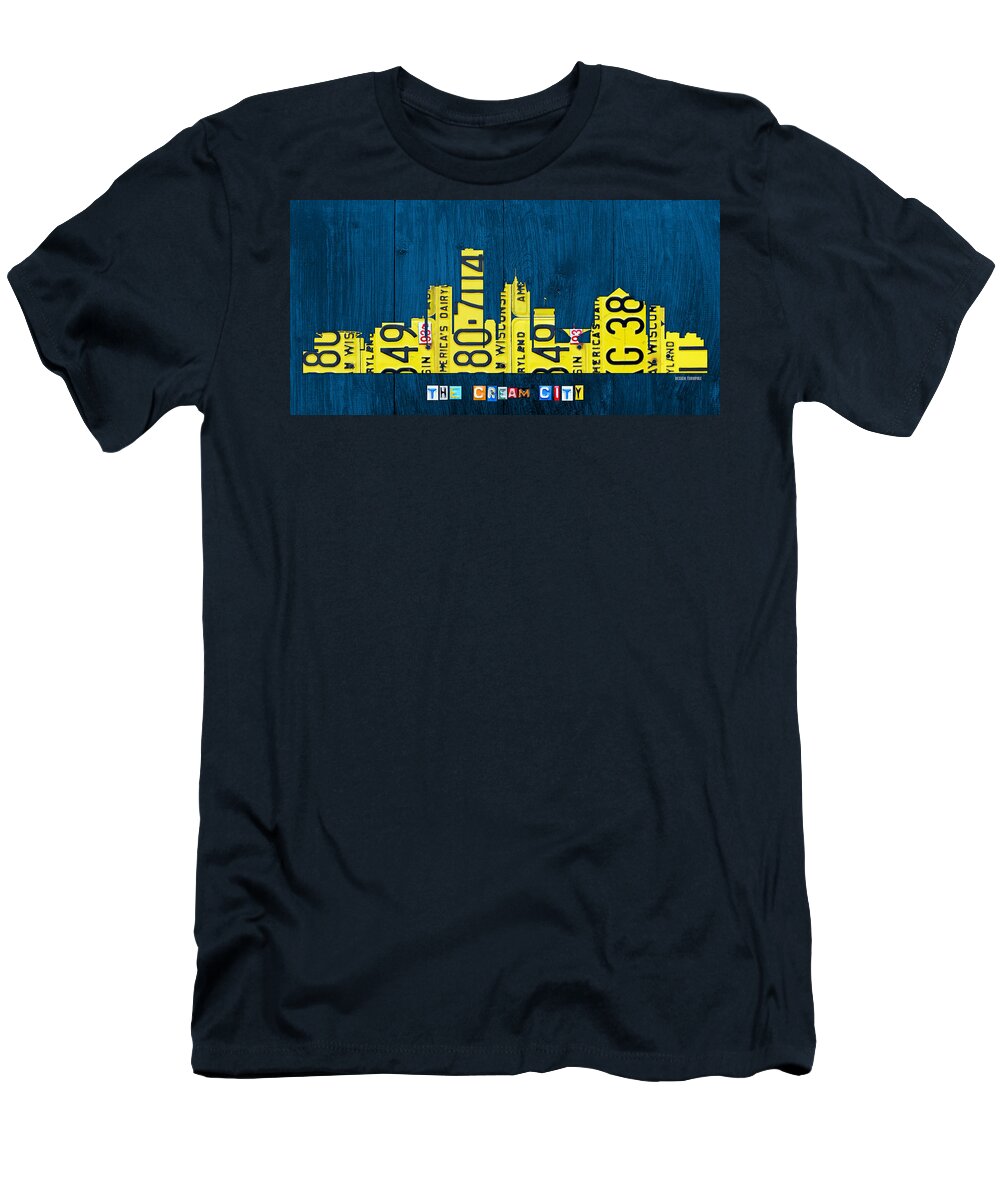 Milwaukee T-Shirt featuring the mixed media Milwaukee Wisconsin City Skyline License Plate Art Vintage on Wood by Design Turnpike