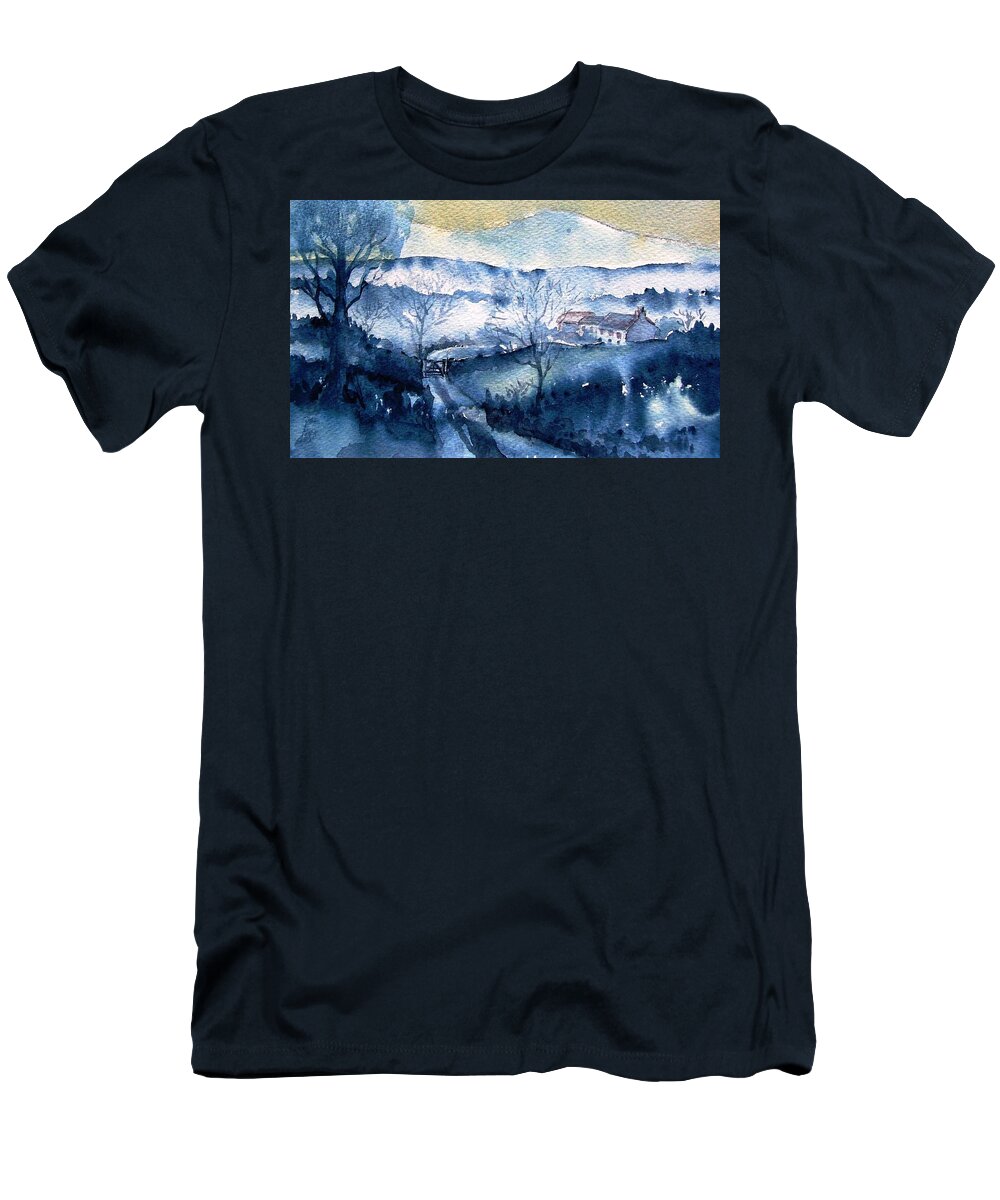 Mist Rising T-Shirt featuring the painting Mist Rising over Snow in Wicklow Mts Ireland .  by Trudi Doyle