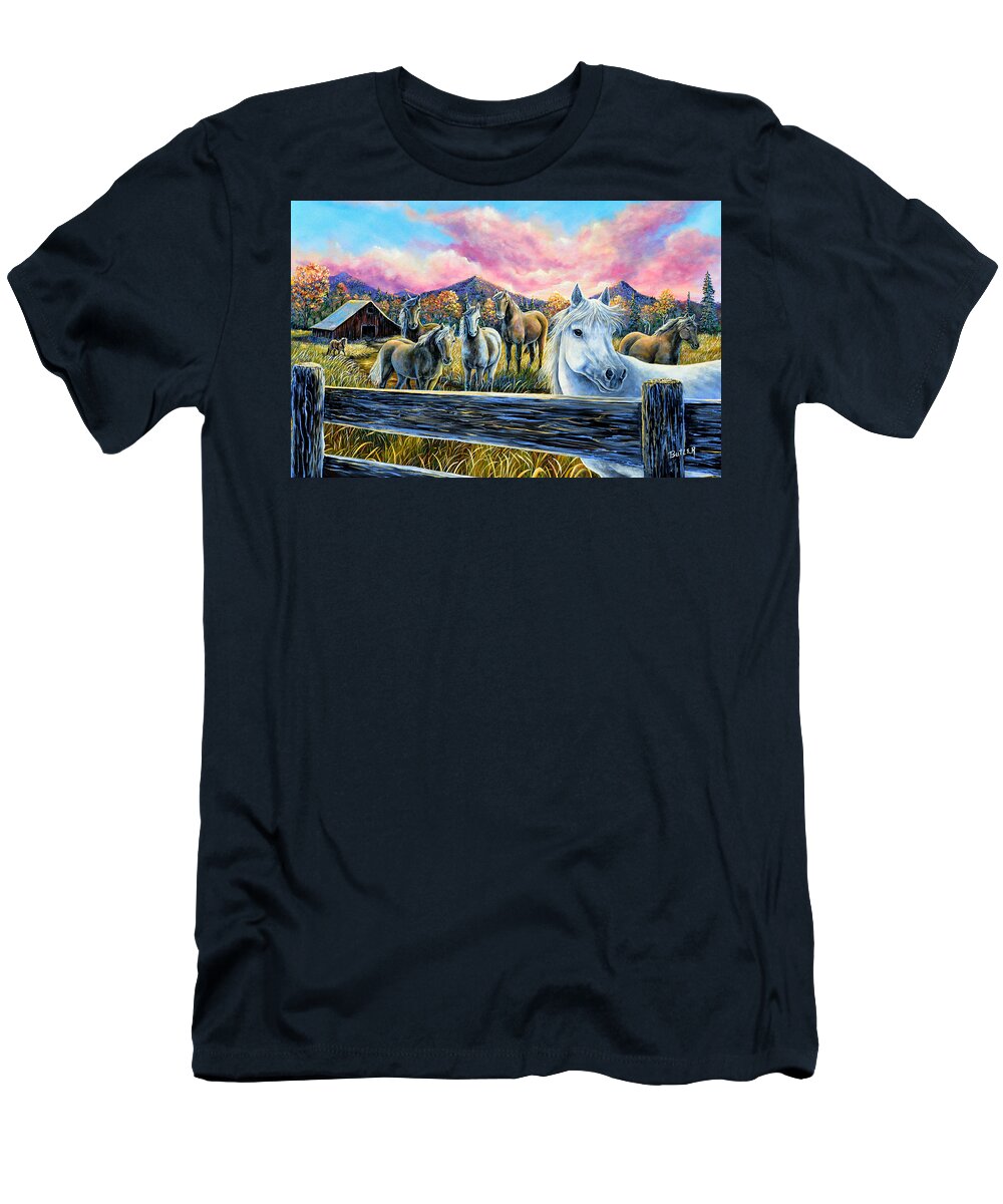 Landscape Mountains Sunset Nature Horses Farm Field Herd T-Shirt featuring the painting MMMM..My Magic Mountain Moment by Gail Butler