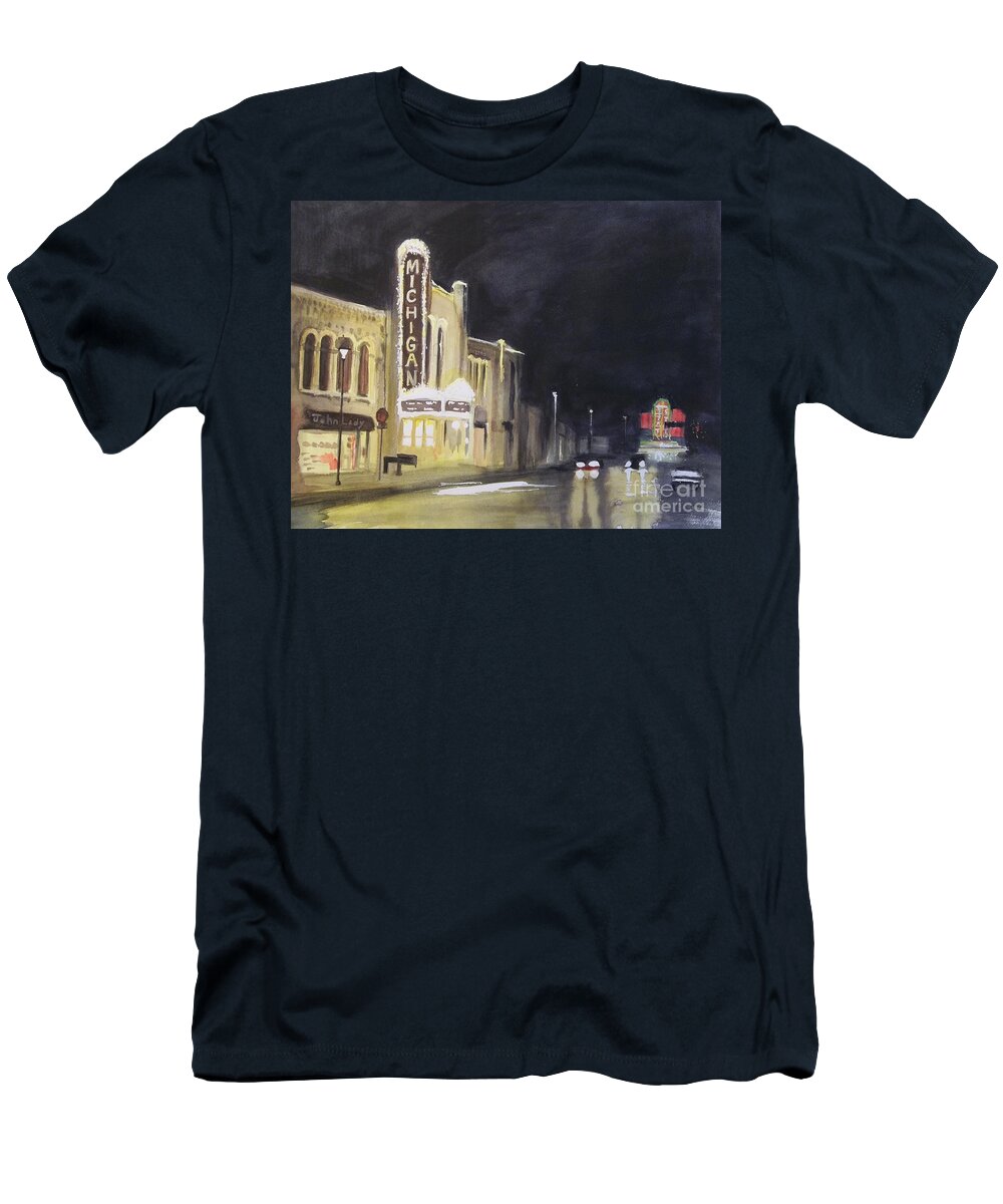 Town T-Shirt featuring the painting Night Time at Michigan Theater - Ann Arbor MI by Yoshiko Mishina