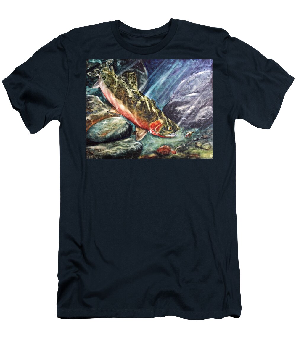 Cutthroat Trout T-Shirt featuring the painting One Last Cast by Mary C Farrenkopf