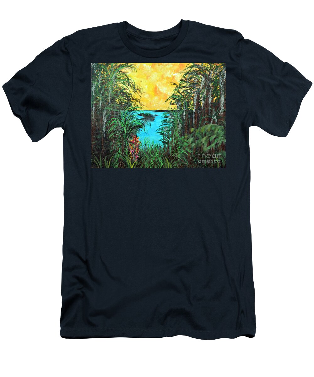 Panther T-Shirt featuring the painting Panther Island In the Bayou by Alys Caviness-Gober