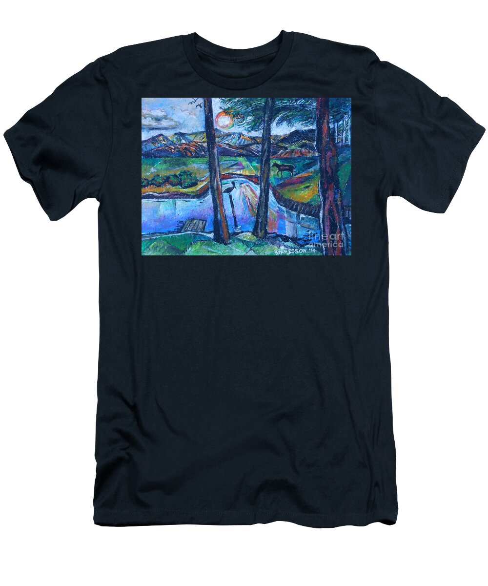 Pelican T-Shirt featuring the painting Pelican and Moose In Landscape by Stan Esson