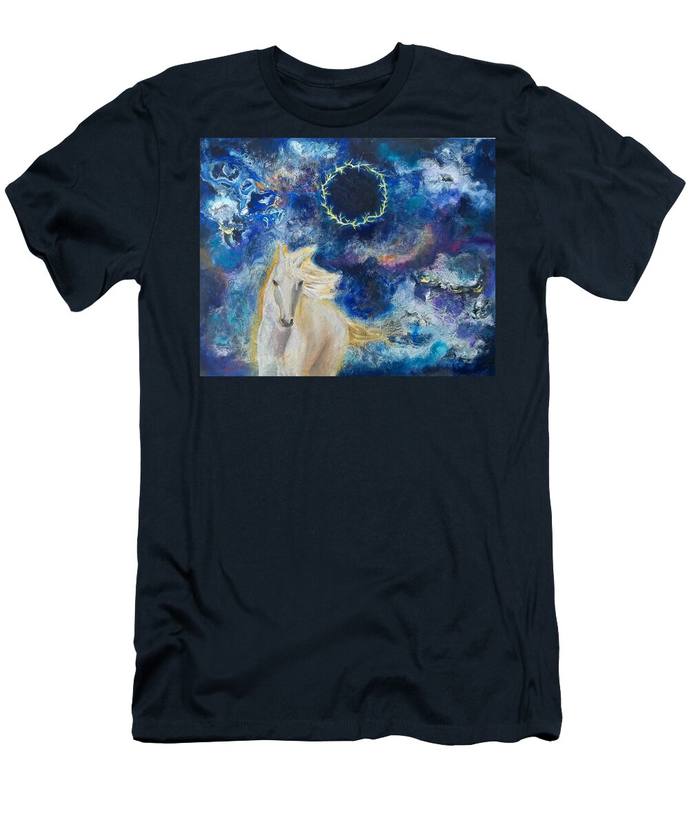 Prophetic T-Shirt featuring the painting Prophetic Message Sketch Painting 6 Ring of Lightning White Horse by Anne Cameron Cutri