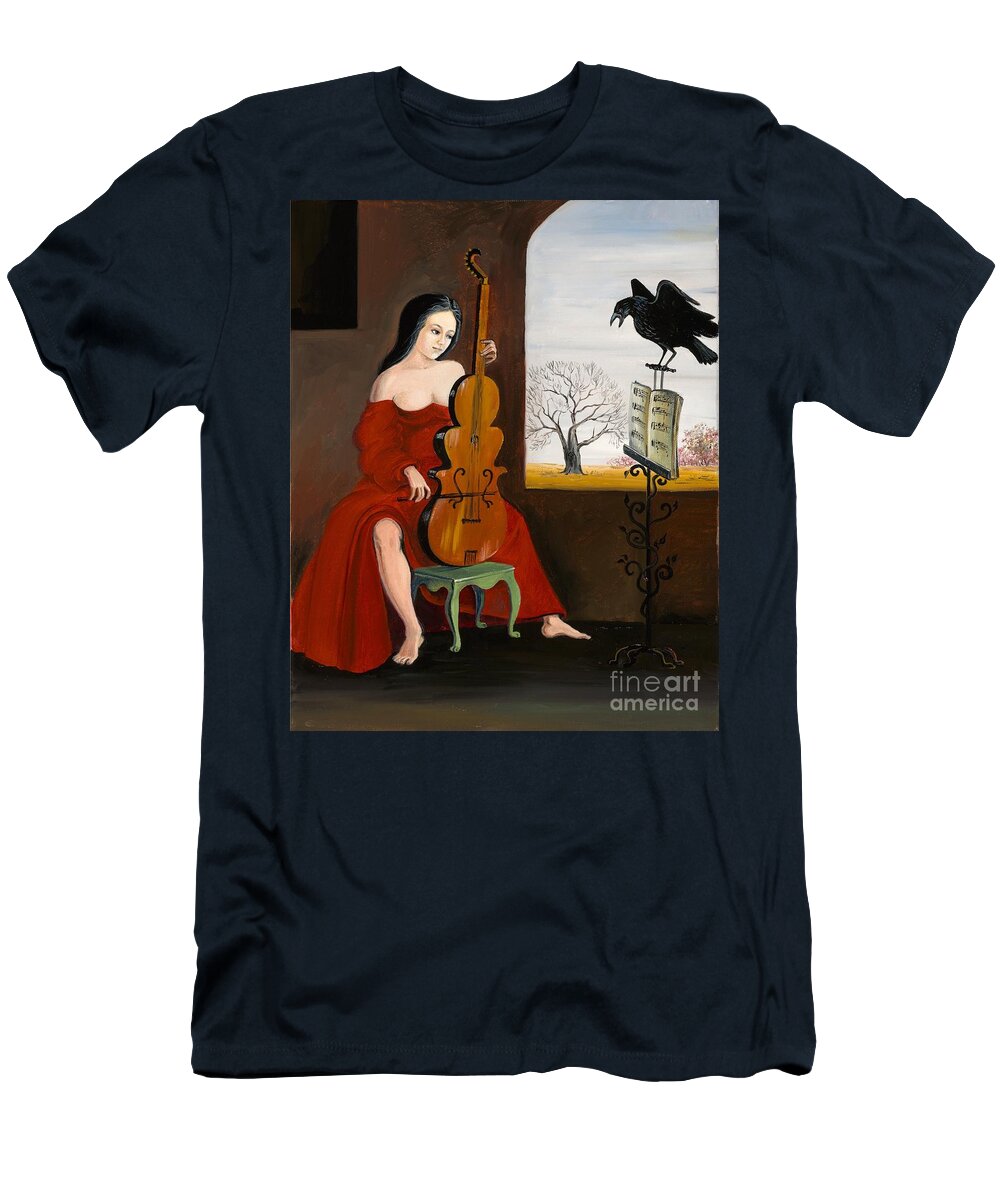 Raven T-Shirt featuring the painting Raven's Melody by Margaryta Yermolayeva