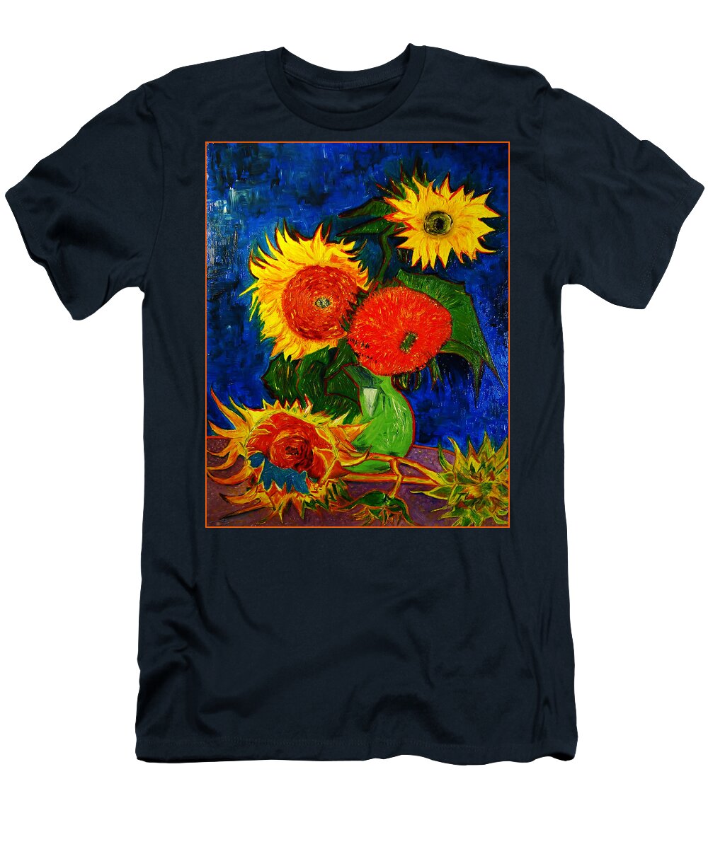 Replica T-Shirt featuring the painting Replica of Vincent's Still Life Vase with 5 Sunflowers by Jose A Gonzalez Jr